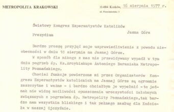 La letero per kiu kard. Karol Wojtyłaklarigis kial li ne povis iri al Ĉenstoĥovopor celebri Meson en Esperantodum la IKUE-kongreso 1977